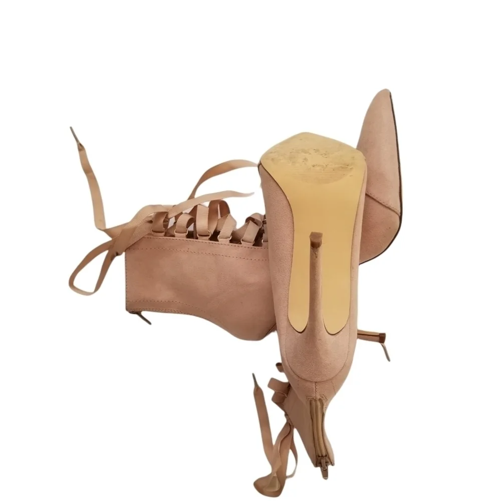 Liliana Blush Faux Suede Pointed Toe Stiletto Lace Up High Heel Ankle Boots Shoe